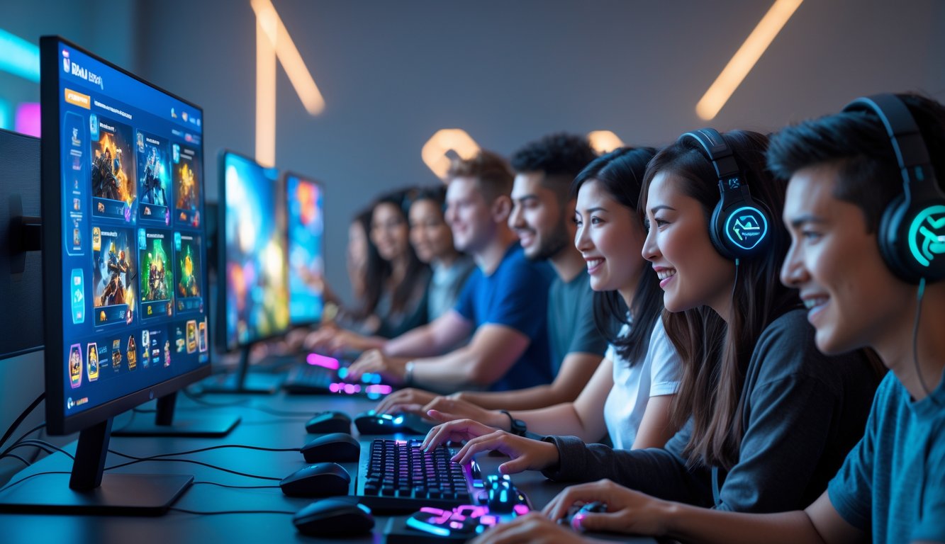 Sekelompok orang muda sedang bermain game kartu online di depan beberapa monitor dengan tampilan permainan yang berwarna-warni.