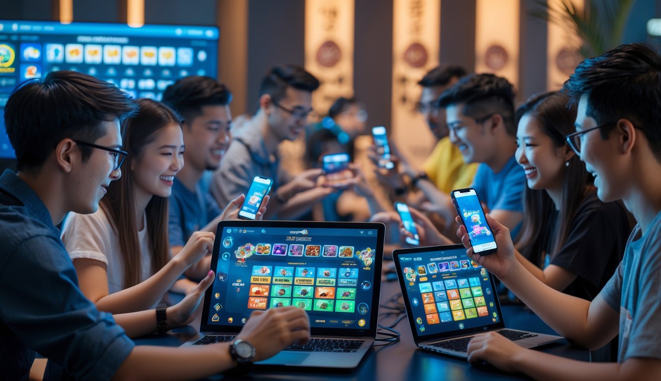 Sekelompok orang muda bermain game kartu online bersama menggunakan perangkat digital di ruang modern dengan pencahayaan hangat.