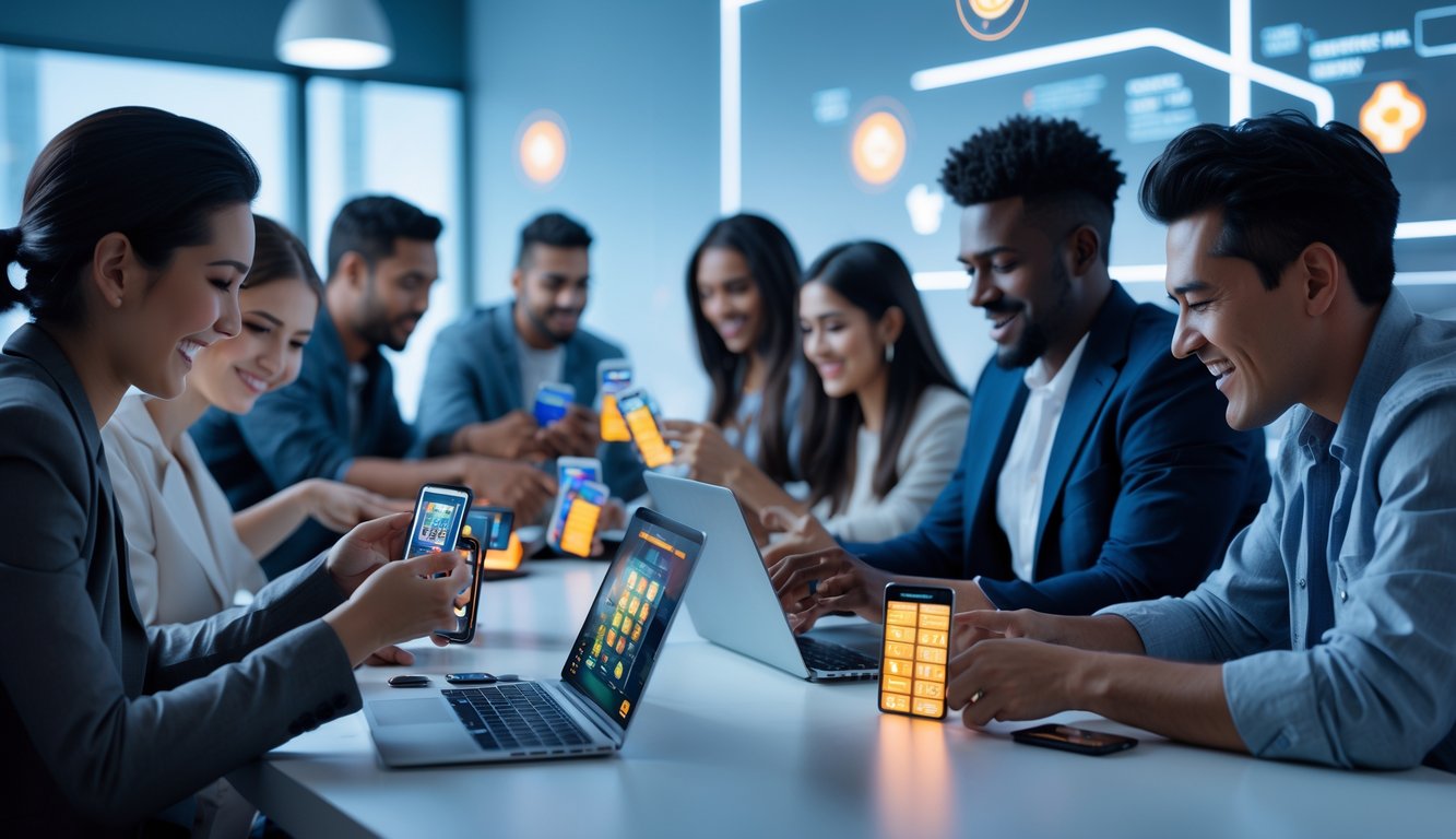 Sekelompok orang bermain game kartu online di ruangan modern dengan perangkat elektronik.