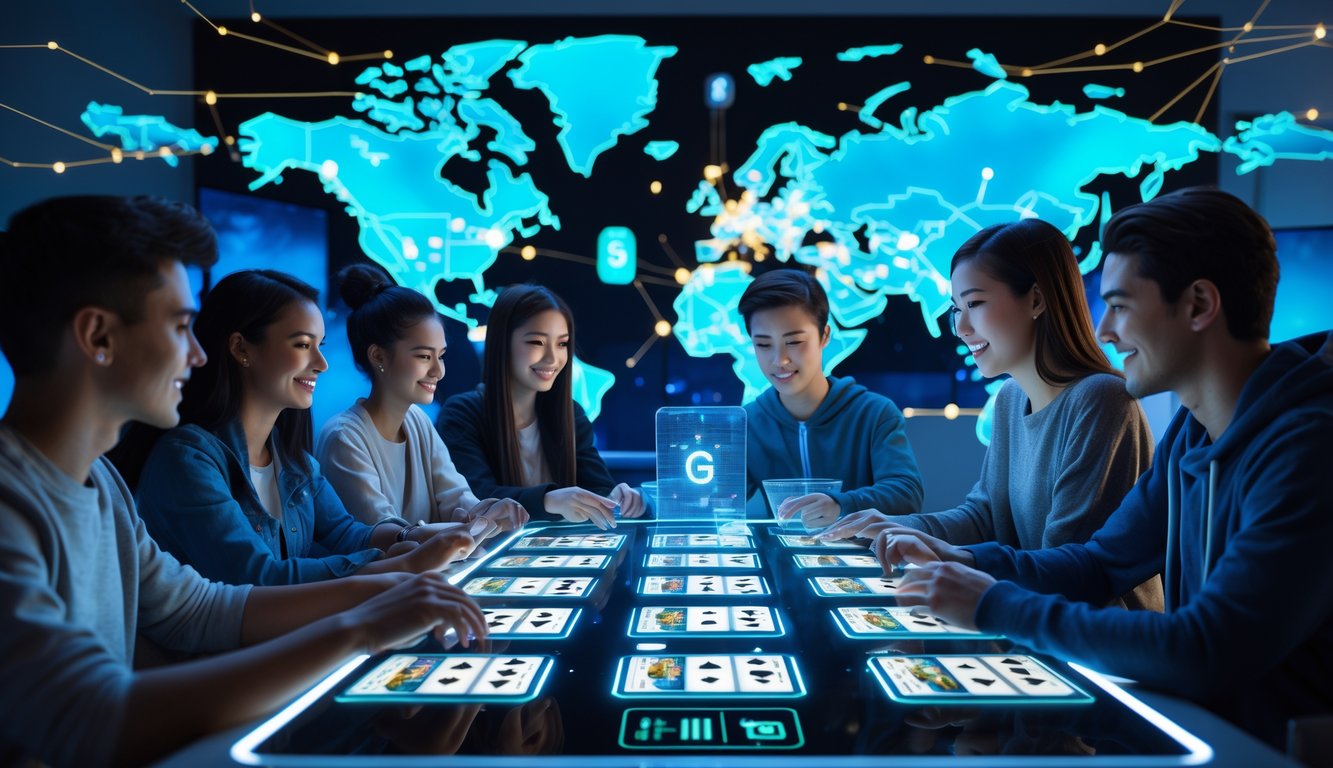 Sekelompok orang muda bermain permainan kartu digital secara online dengan latar peta regional dan simbol koneksi jaringan.