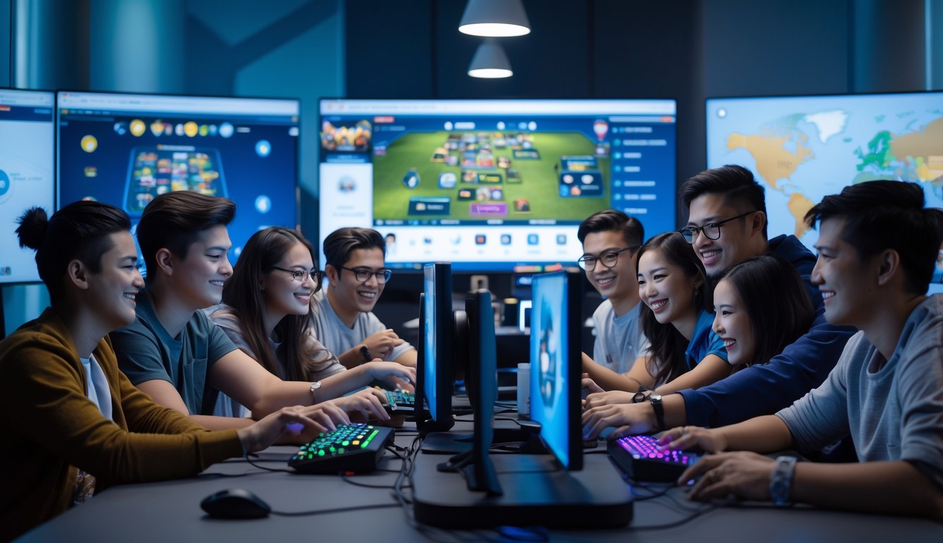 Sekelompok orang muda bermain game kartu multipemain secara online di ruangan modern dengan beberapa layar komputer.