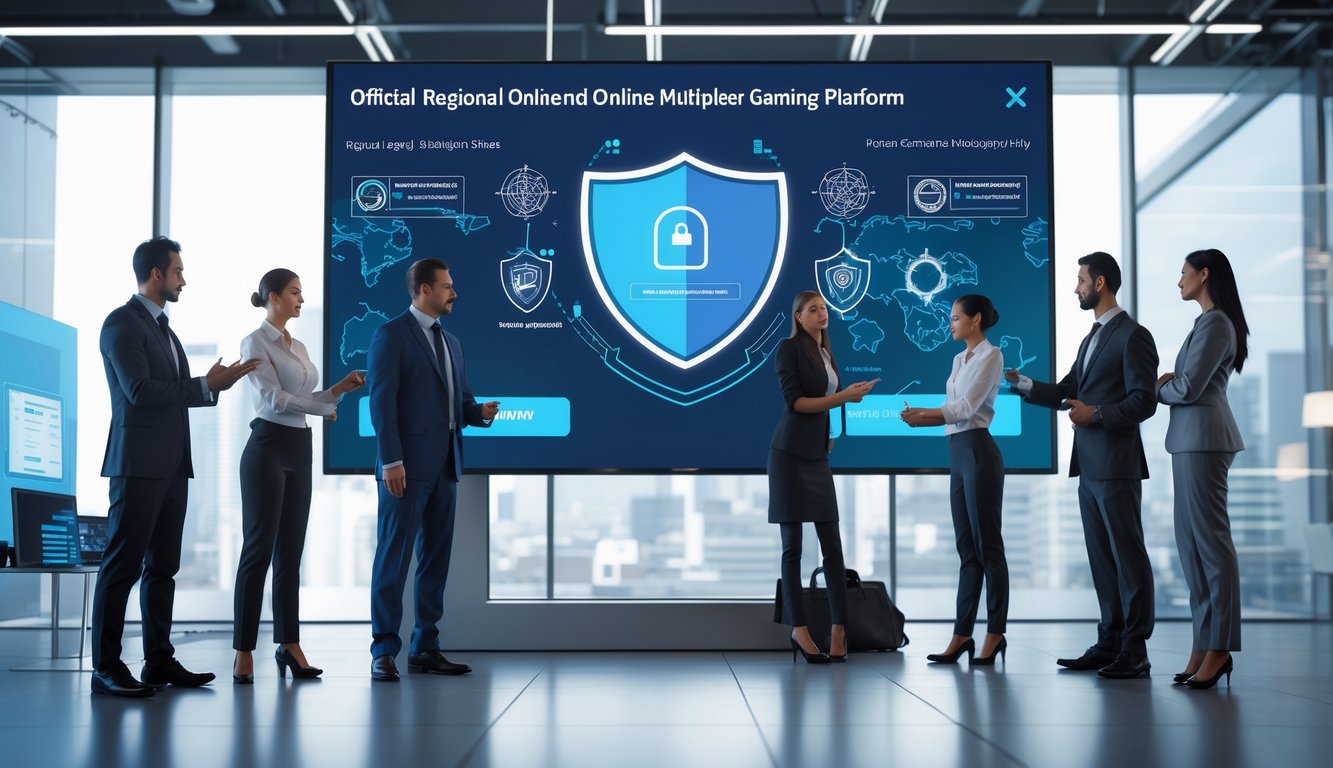 Beberapa profesional bekerja bersama di kantor modern dengan layar digital yang menampilkan simbol keamanan dan peta koneksi regional.