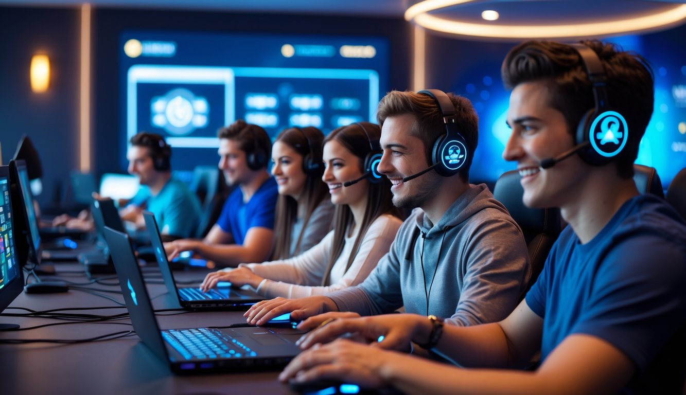 Sekelompok orang muda bermain game online bersama di ruangan yang nyaman dengan suasana ceria dan seorang agen layanan pelanggan sedang membantu melalui headset.