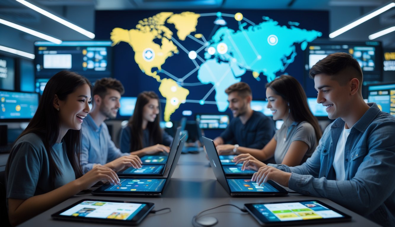 Beberapa orang muda sedang bermain game kartu online bersama di ruang kerja modern dengan beberapa layar dan simbol layanan pelanggan 24 jam.