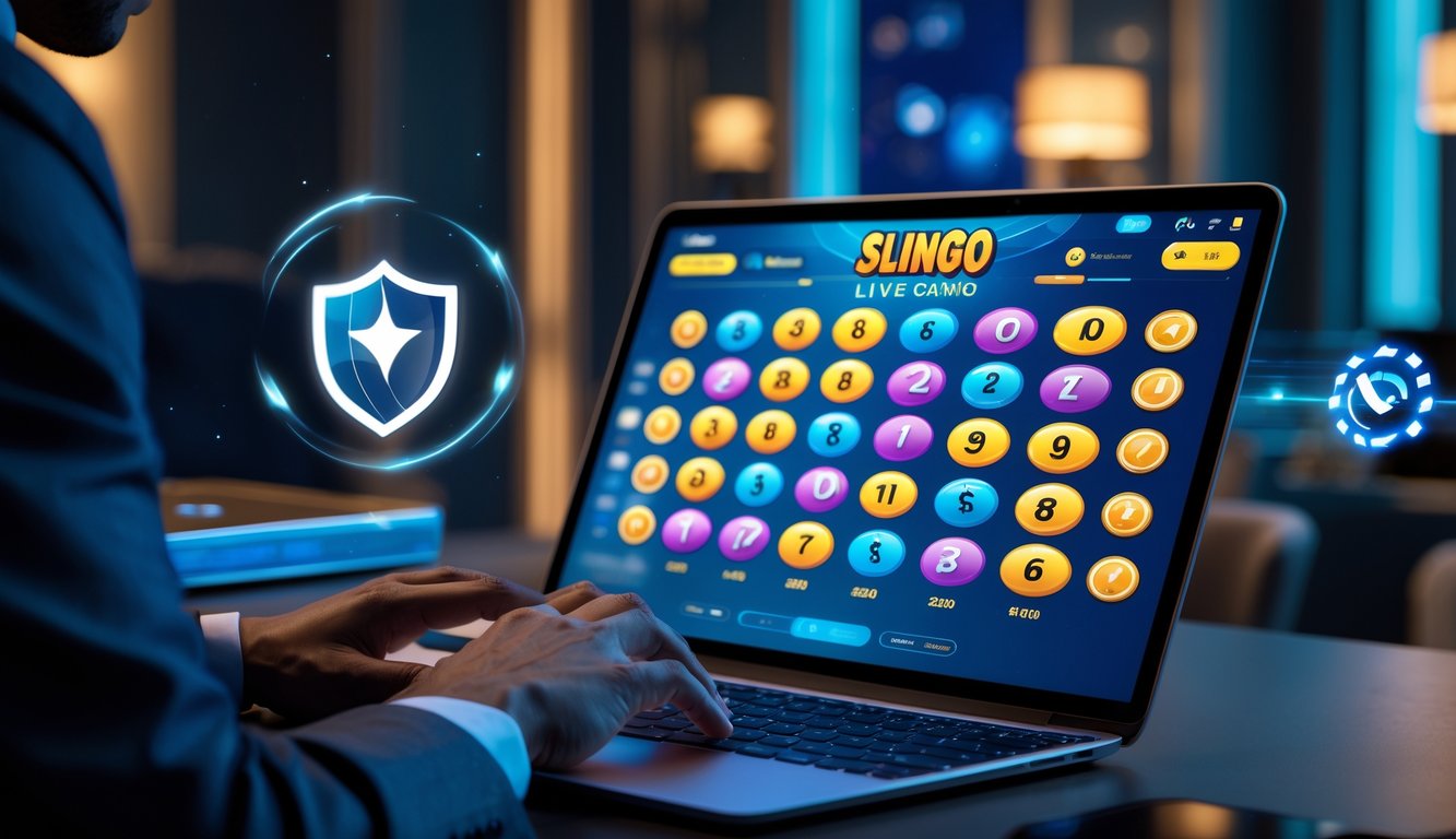 Seseorang menggunakan laptop dengan tampilan permainan Slingo online yang berwarna-warni di layar dalam ruangan dengan pencahayaan lembut.