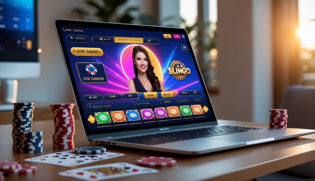 Seorang pengguna sedang bermain kasino langsung dan Slingo online di komputer di ruang kerja yang bersih dan terang.