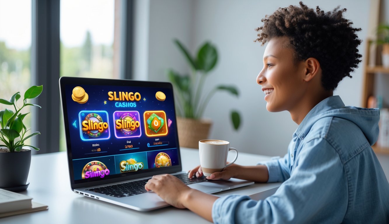 Seseorang duduk di depan laptop yang menampilkan permainan kasino online dan Slingo, terlihat fokus dan nyaman di ruang tamu yang terang.