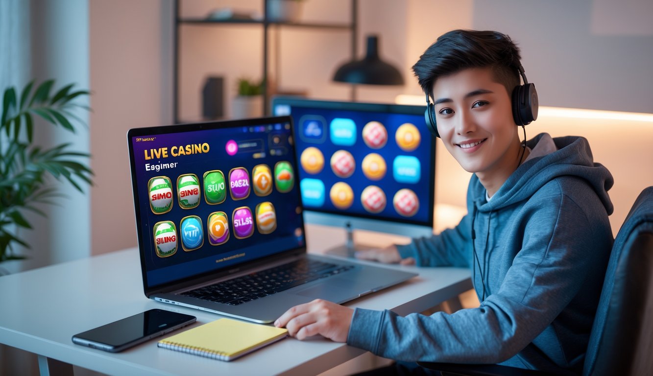 Seorang pemula sedang duduk di depan laptop dengan tampilan permainan live casino dan Slingo online, di dalam ruangan yang nyaman.