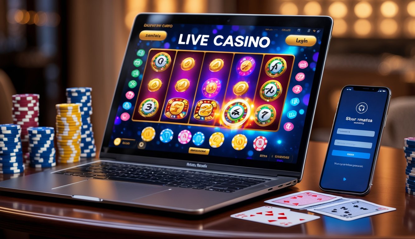 Seorang pria menggunakan laptop dengan tampilan permainan kasino online di meja kayu, dikelilingi oleh chip kasino dan kartu remi.