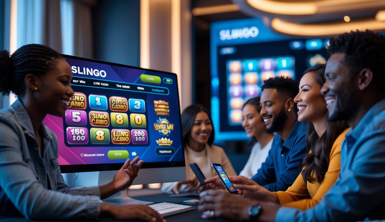 Orang-orang bermain game Slingo live casino online di perangkat komputer dan ponsel di rumah dengan suasana nyaman dan modern.