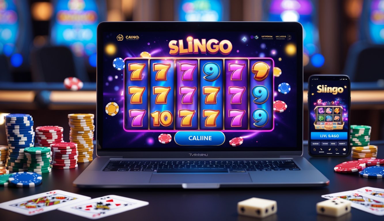 Sebuah laptop dengan permainan Slingo online yang berwarna-warni di layar, dikelilingi oleh chip poker, kartu remi, dan smartphone yang menampilkan sesi kasino langsung.