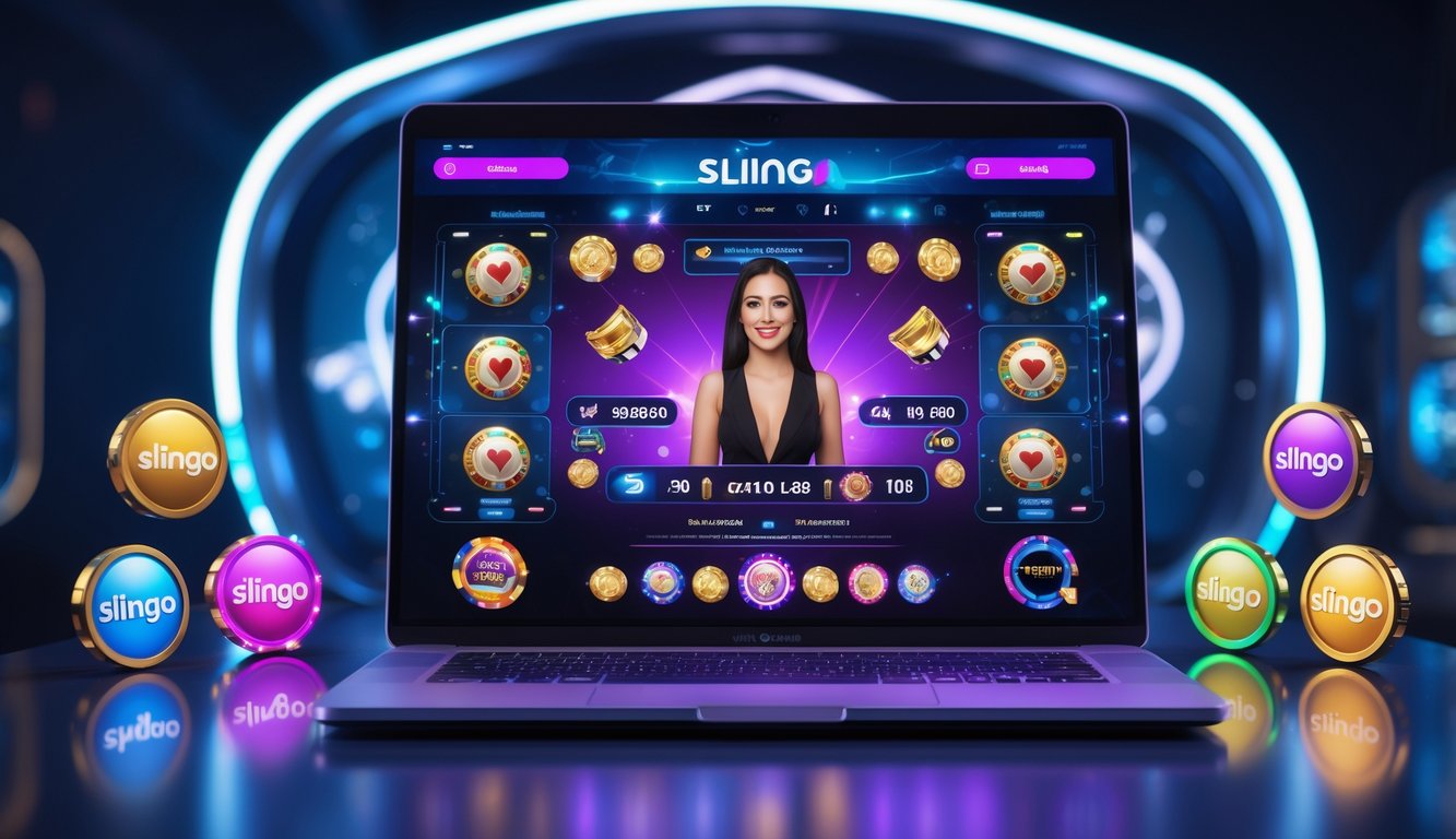 Suasana kasino online langsung dengan dealer dan elemen permainan Slingo di layar komputer modern.