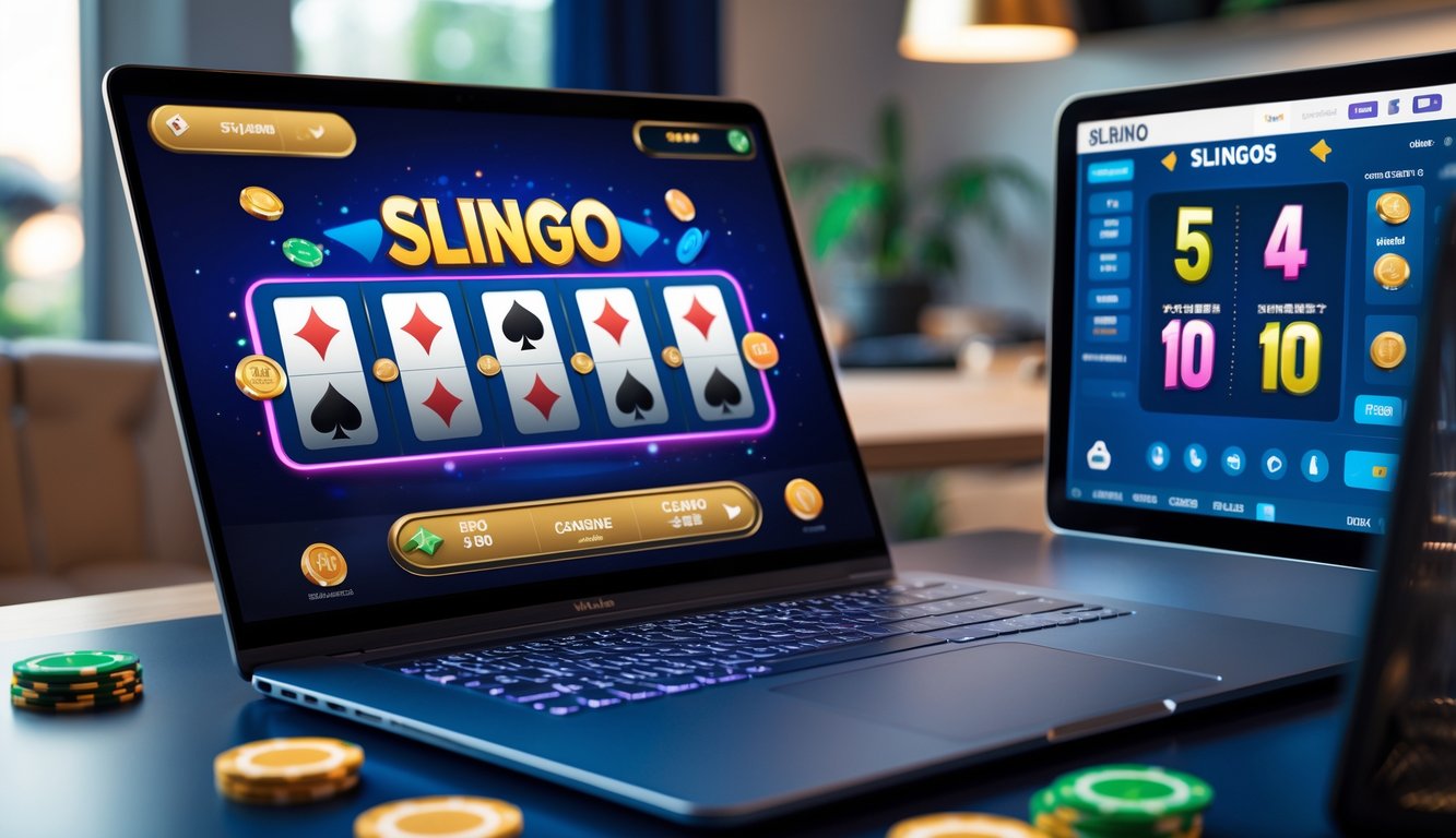 Seseorang bermain permainan kasino online live dengan dealer dan permainan Slingo di layar komputer dalam suasana ruangan yang nyaman.