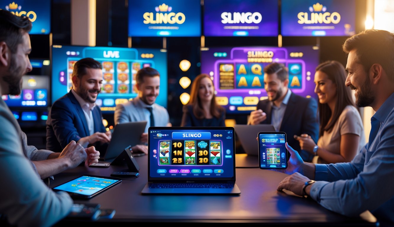 Orang-orang menggunakan perangkat digital untuk bermain permainan kasino langsung dan Slingo secara online dalam suasana kasino modern.