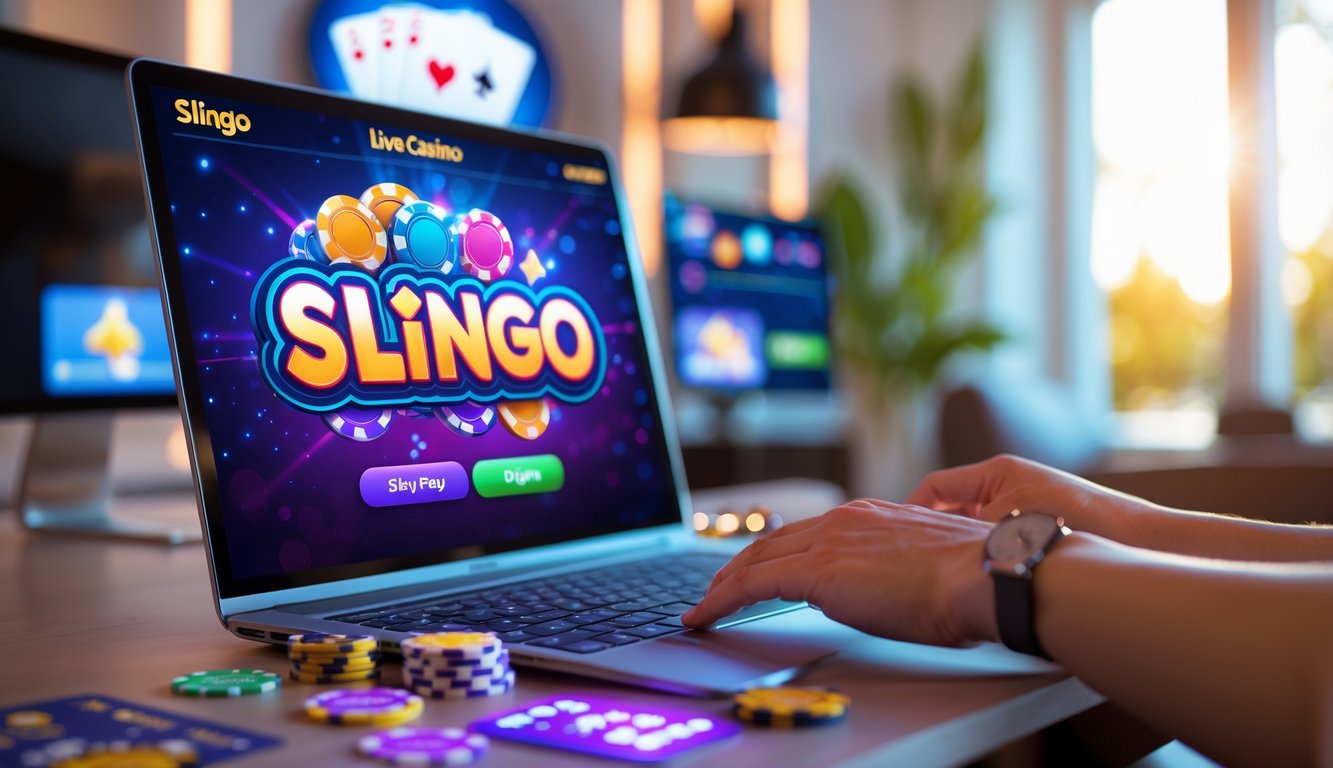 Orang menggunakan komputer dengan permainan Slingo online di layar dalam suasana rumah yang nyaman.