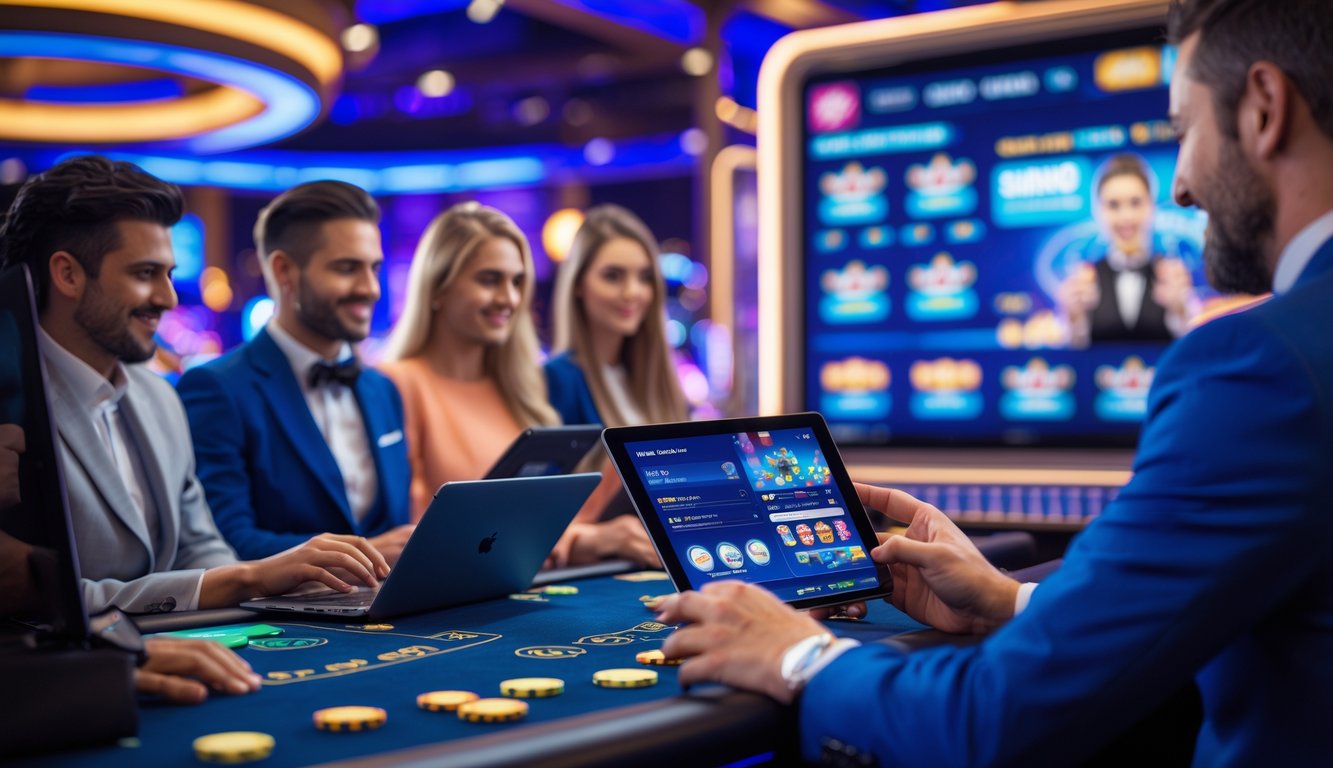 Orang-orang bermain permainan Slingo online di kasino langsung dengan perangkat digital dan dealer di layar besar.