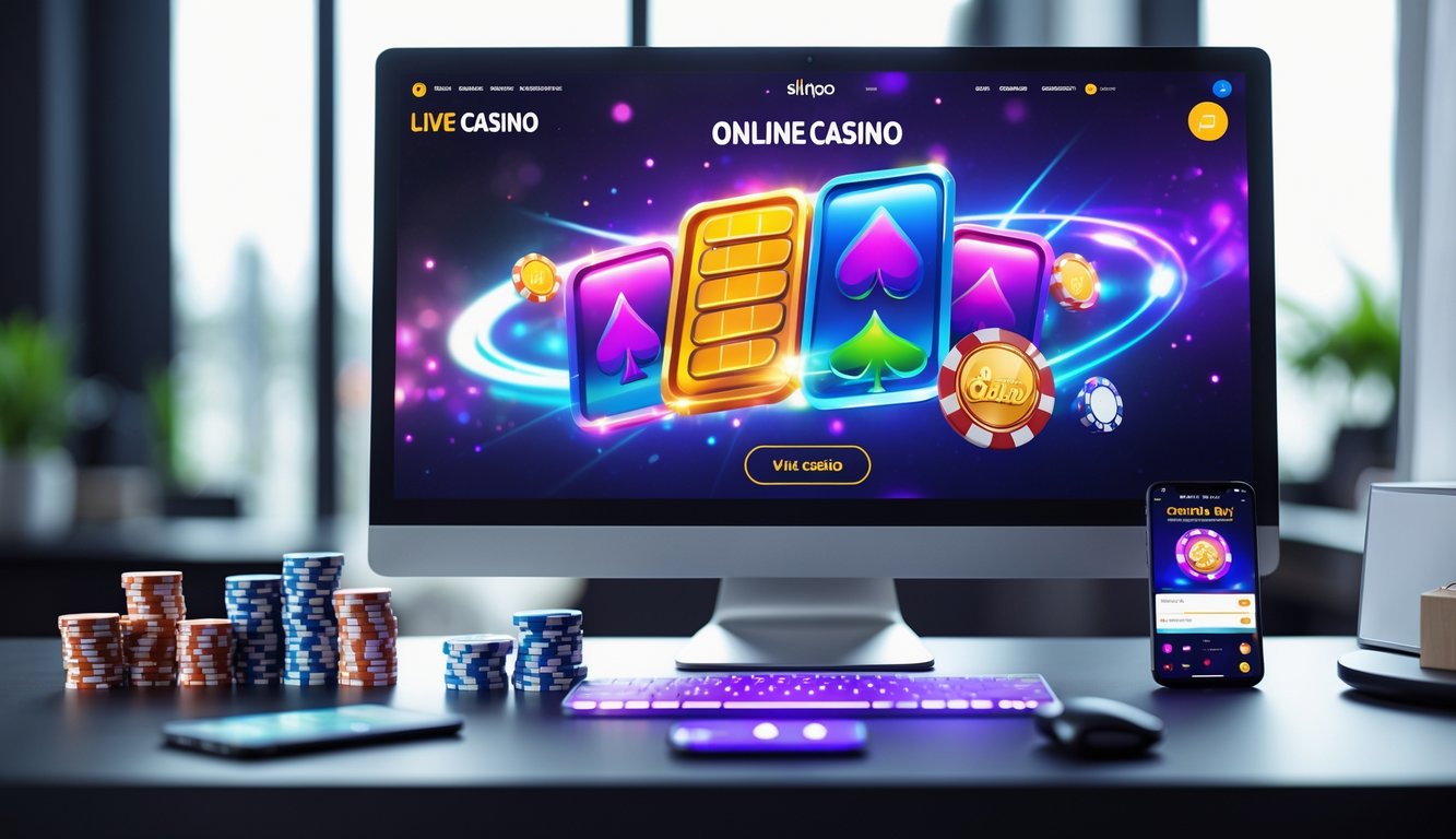 Suasana ruang kerja modern dengan komputer menampilkan permainan kasino online dan aksesori permainan di meja.