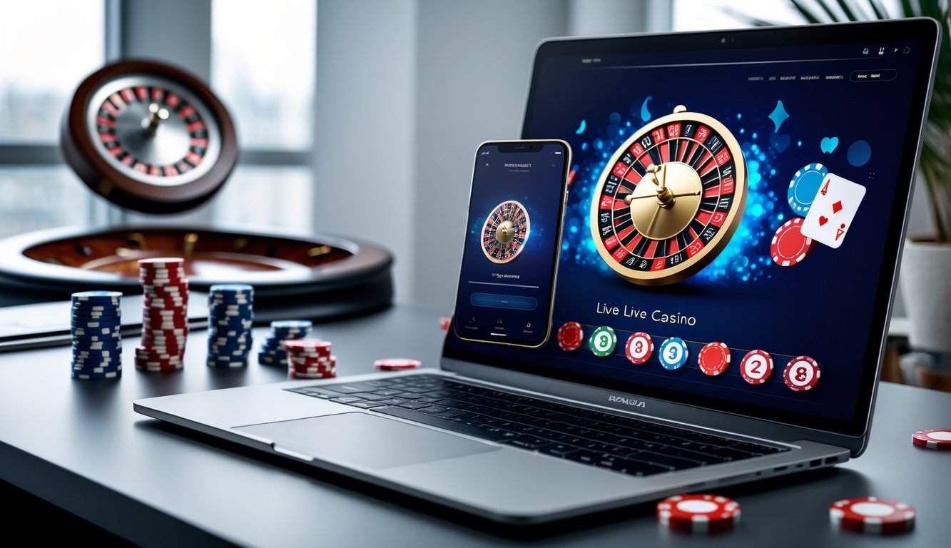 Suasana ruang kerja modern dengan laptop dan ponsel yang menampilkan permainan kasino langsung online, dilengkapi dengan chip poker dan kartu bermain di sekitar.