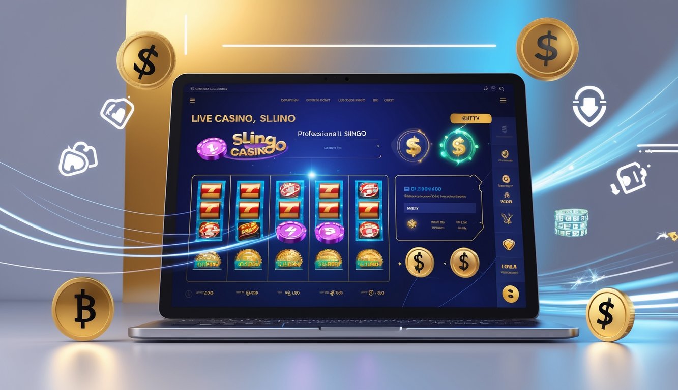 Seseorang menggunakan perangkat digital untuk bermain permainan kasino online dengan simbol transaksi cepat di latar belakang.