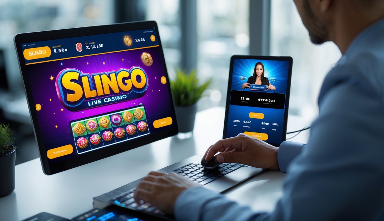 Seseorang bermain permainan Slingo di komputer dengan dealer langsung di layar dan ikon transaksi digital di sekitar.