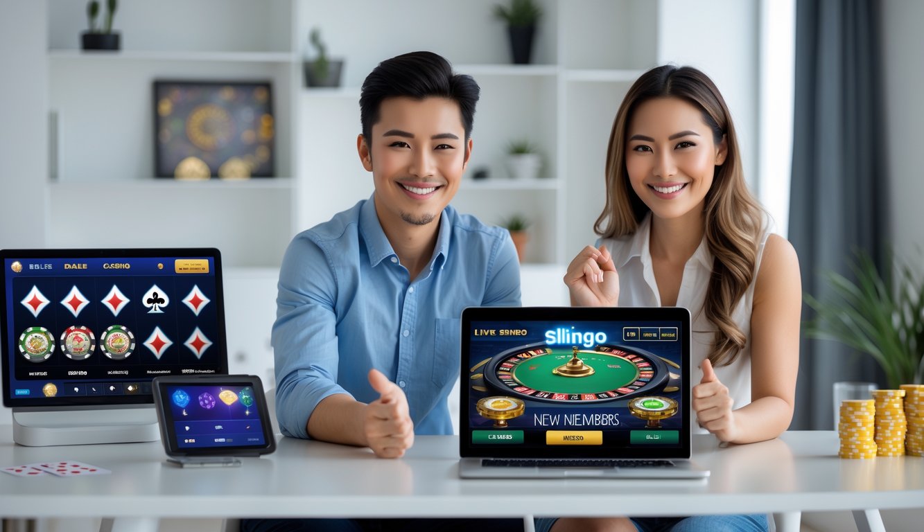 Seorang pria dan wanita duduk bersama di meja dengan perangkat digital menampilkan permainan kasino langsung dan Slingo online, terlihat senang dan fokus.