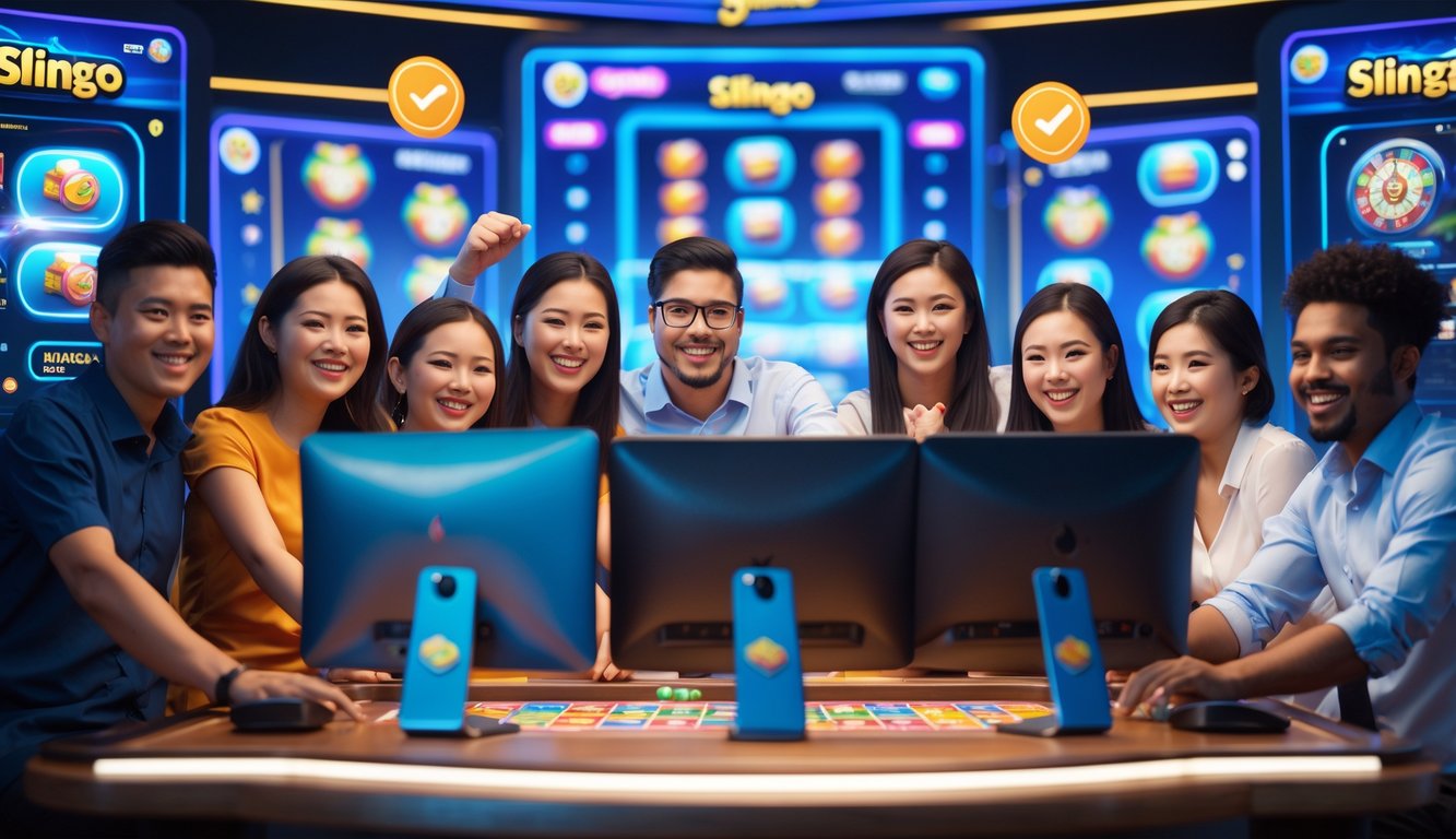Sekelompok orang sedang bermain permainan Slingo online di komputer dan ponsel dalam suasana kasino online yang ramai dan menyenangkan.