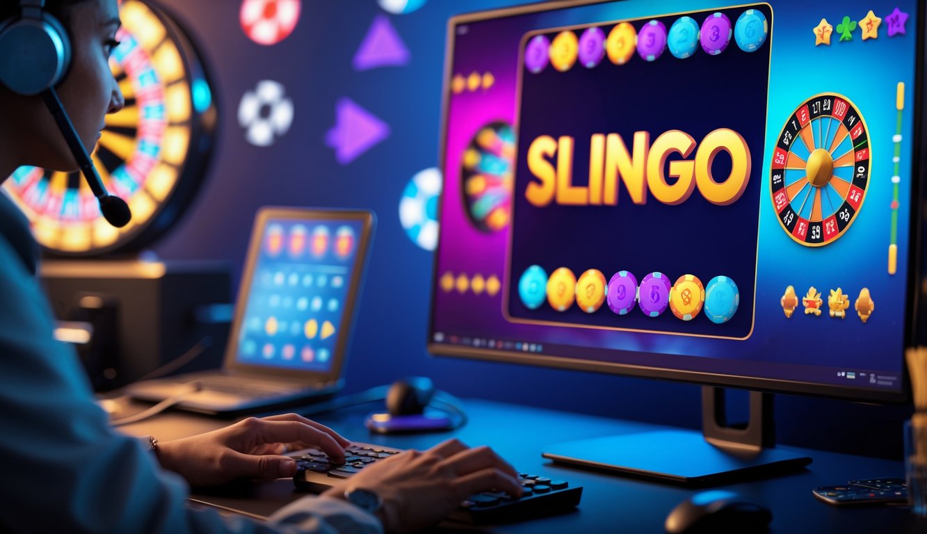 Seseorang bermain permainan Slingo online di komputer dengan headset di meja, di latar belakang terdapat elemen kasino seperti chip dan roda roulette.