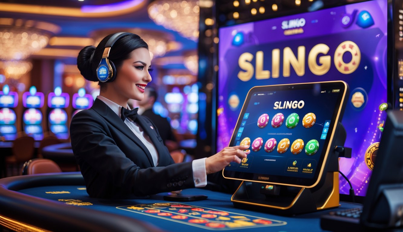 Seorang dealer kasino profesional sedang berinteraksi dengan pemain melalui layar digital yang menampilkan permainan live casino dan Slingo online di lingkungan kasino yang modern.