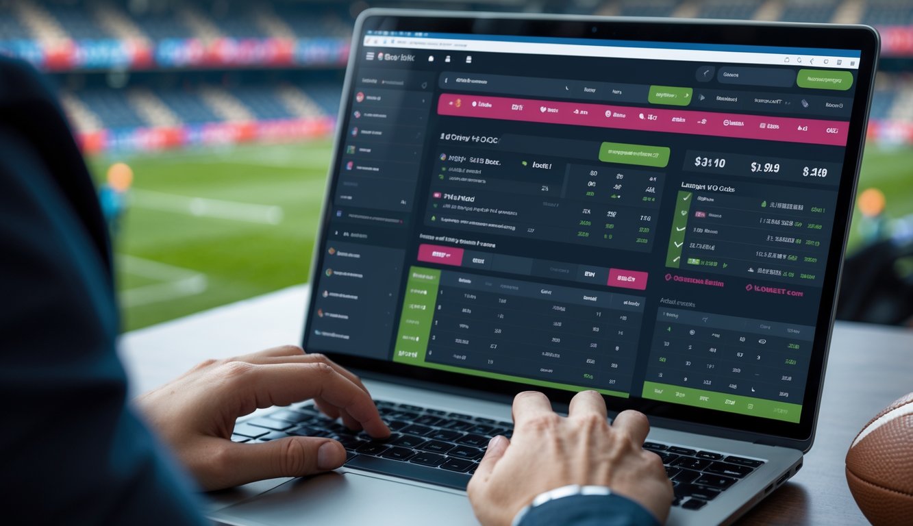 Seseorang menggunakan komputer dengan layar yang menampilkan antarmuka taruhan sepak bola online, dengan latar belakang stadion sepak bola dan bola di atas meja.