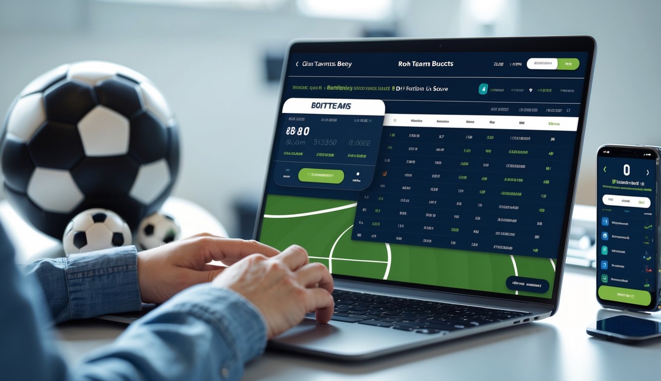 Orang menggunakan laptop dan ponsel untuk memasang taruhan judi bola dengan statistik pertandingan sepak bola di layar.