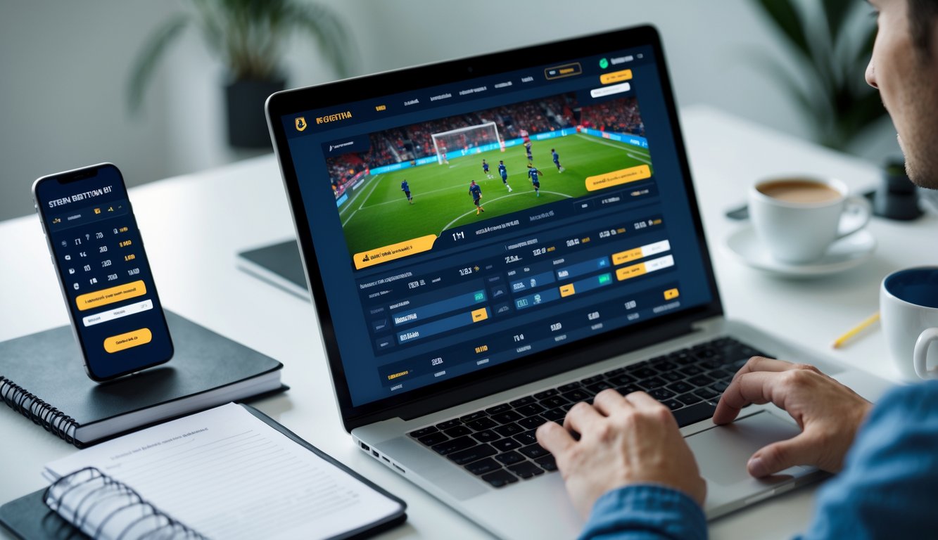 Seseorang menggunakan laptop dengan tampilan pertandingan sepak bola dan skor kedua tim terlihat, di meja dengan ponsel, buku catatan, dan cangkir kopi.