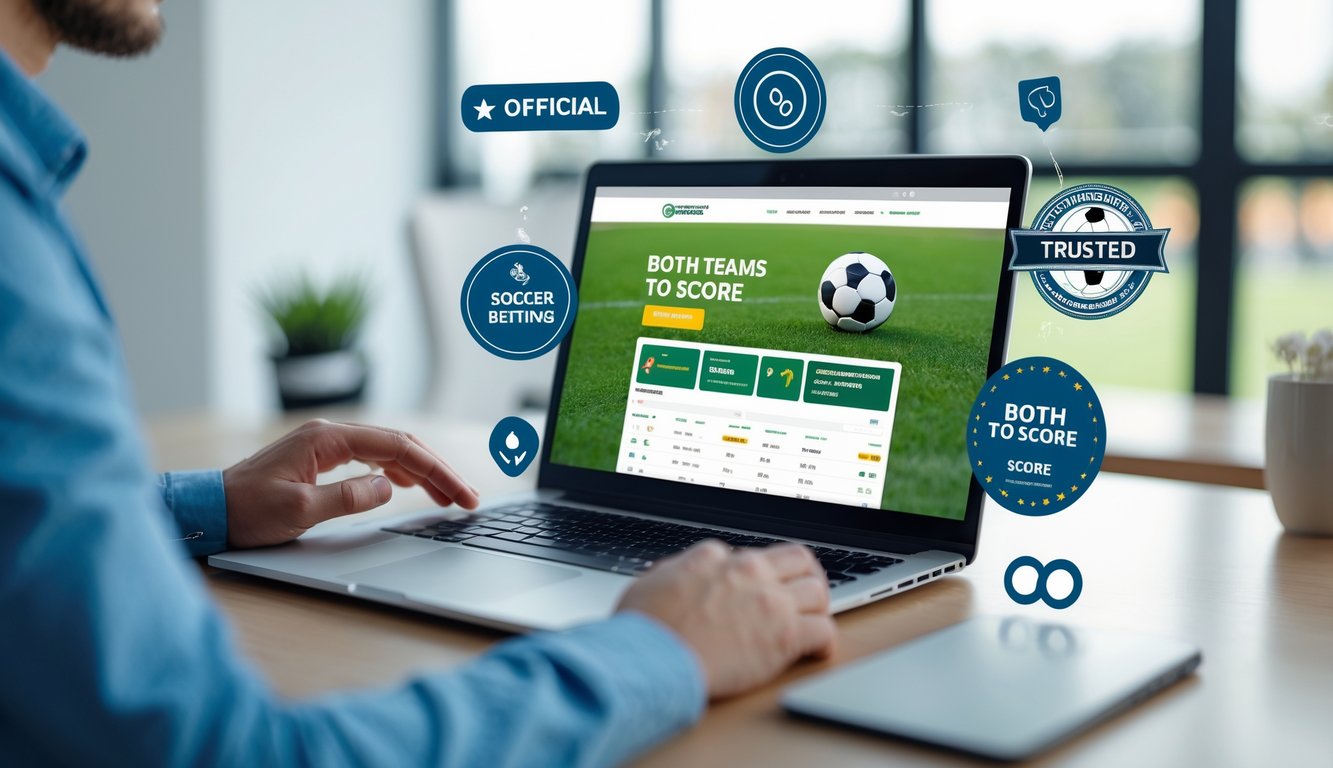 Seorang pengguna sedang mendaftar taruhan bola online dengan laptop di meja yang rapi, dikelilingi oleh simbol sepak bola dan tanda kepercayaan.