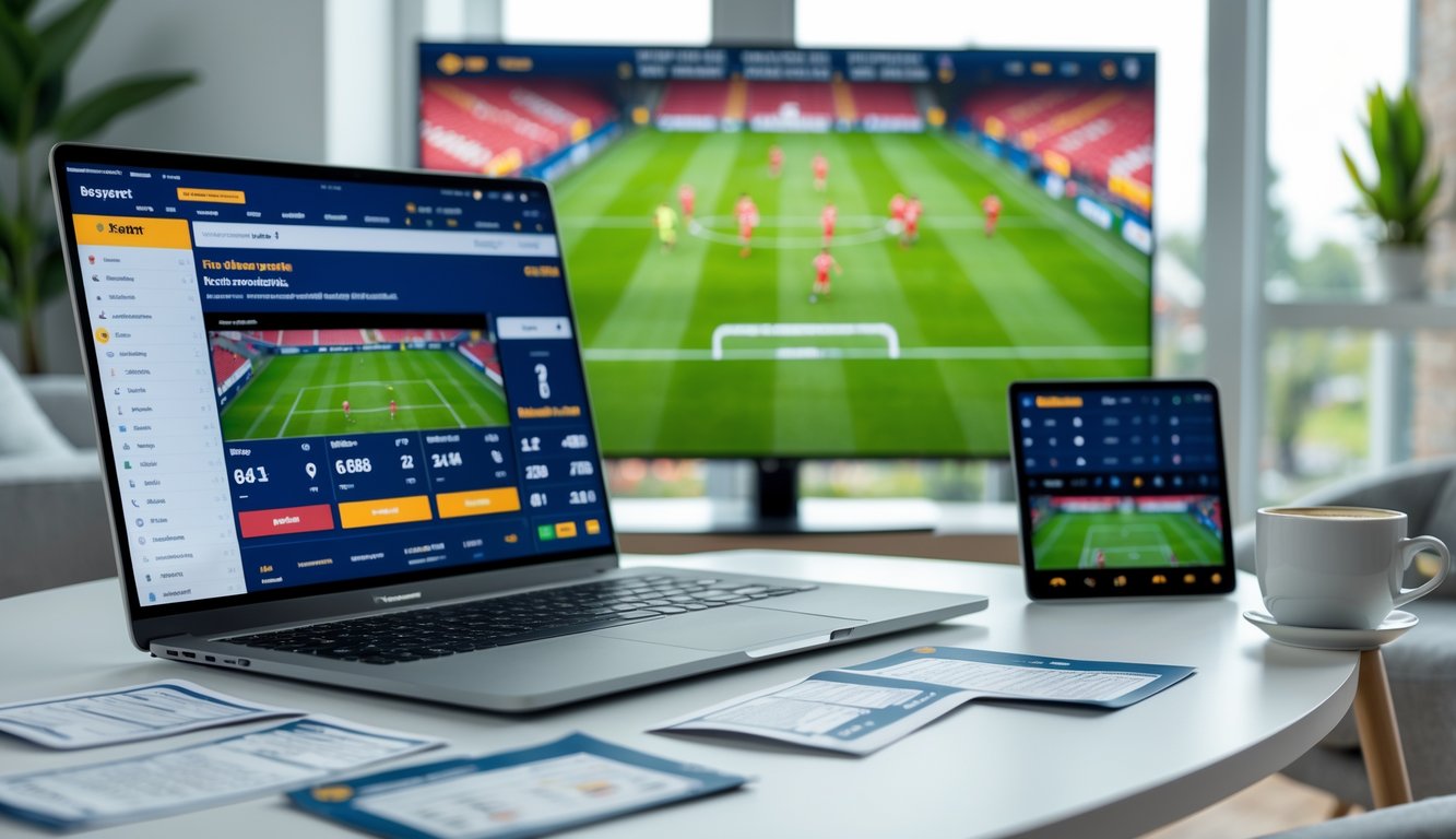 Seorang pria duduk di depan komputer dengan layar menampilkan antarmuka taruhan sepak bola online, di belakangnya televisi menayangkan pertandingan sepak bola langsung.