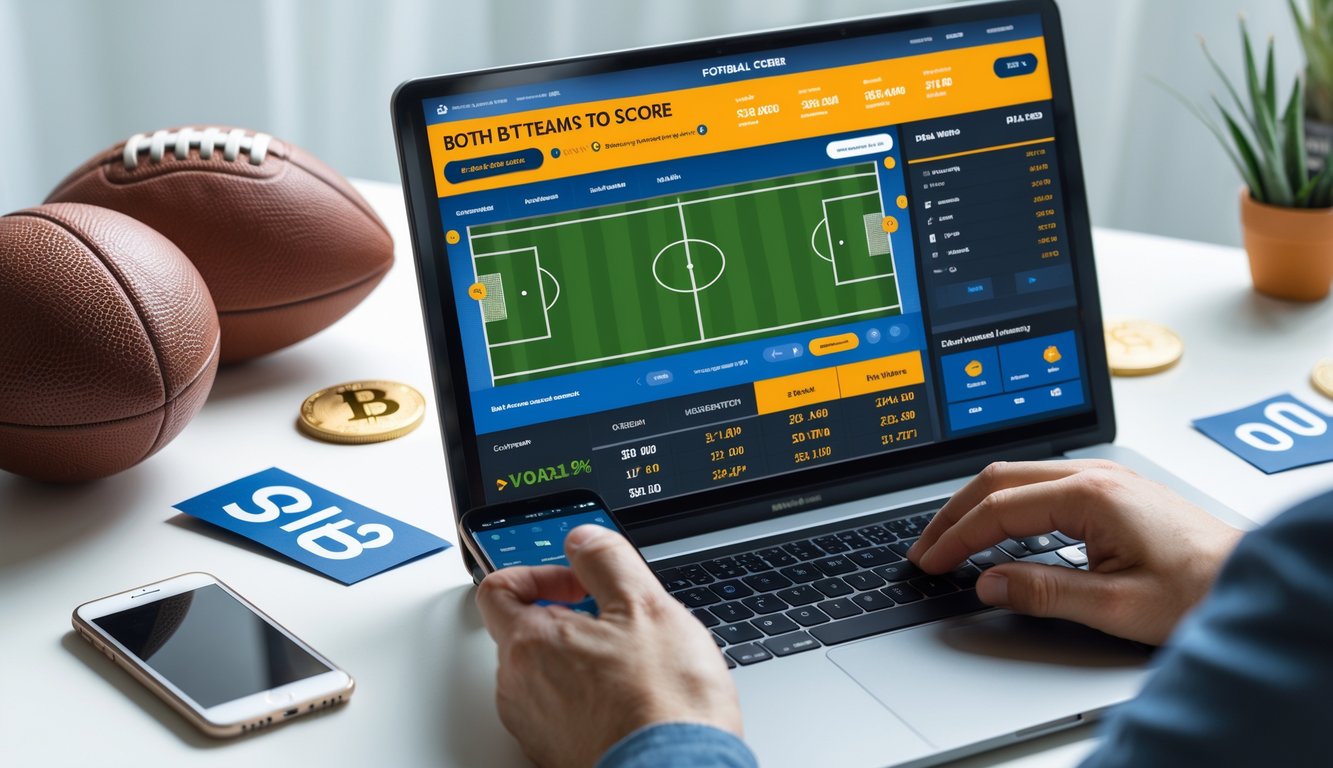 Seseorang menggunakan laptop dan ponsel untuk bertaruh bola secara online dengan bola dan elemen taruhan di meja.