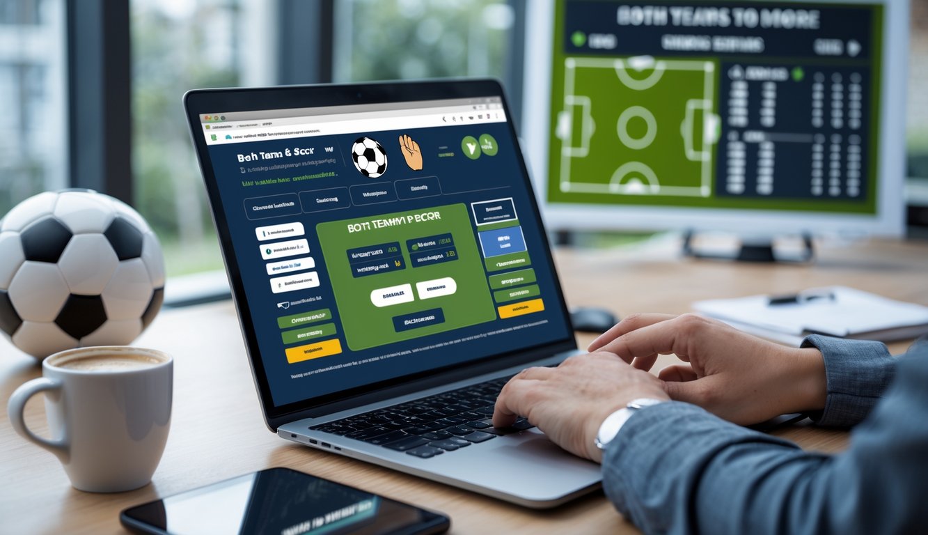 Seseorang menggunakan laptop di meja kerja dengan tampilan situs judi bola online dan bola sepak di latar belakang.