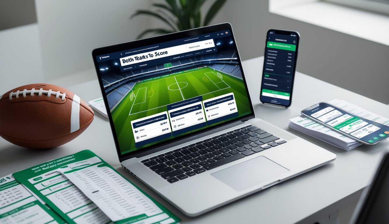 Seorang pengguna duduk di depan laptop dengan tampilan situs judi bola online, dikelilingi bola sepak, ponsel, dan alat tulis di meja kerja yang rapi.