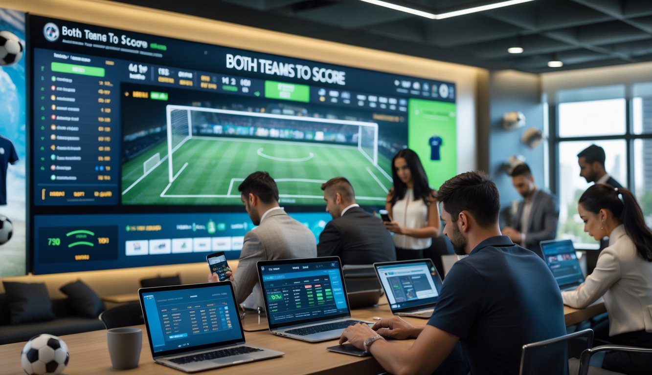 Orang-orang menggunakan perangkat elektronik untuk memasang taruhan sepak bola secara online dengan tampilan statistik pertandingan di layar besar.