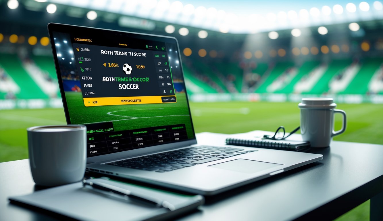 Seorang pria menggunakan laptop dan ponsel untuk melihat statistik pertandingan sepak bola dan peluang taruhan di meja kerja dengan latar belakang stadion sepak bola.