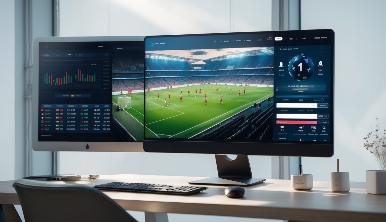 Meja kerja dengan komputer menampilkan pertandingan sepak bola dua tim yang sedang bermain, dengan elemen digital yang menunjukkan aktivitas taruhan olahraga online.