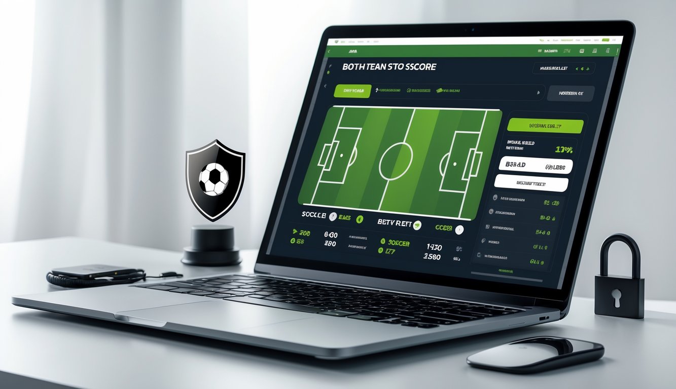 Laptop di atas meja menampilkan statistik pertandingan sepak bola dan opsi taruhan dengan latar belakang bersih dan elemen simbol keamanan.