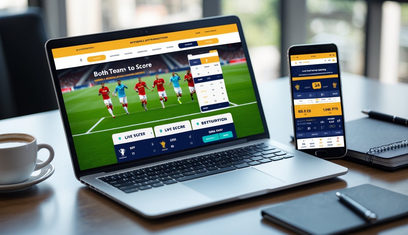 Seorang pria menggunakan laptop dan ponsel untuk memasang taruhan sepak bola online di sebuah meja kerja yang rapi.