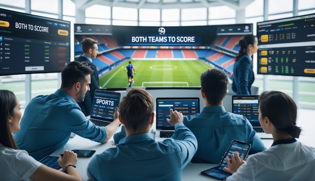Orang-orang menggunakan laptop dan ponsel untuk memasang taruhan bola dengan latar stadion sepak bola dan layar digital menampilkan statistik pertandingan.
