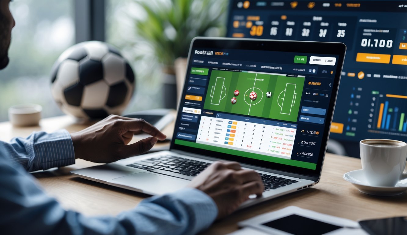 Seseorang menggunakan laptop untuk bertaruh pada pertandingan sepak bola dengan ponsel dan kopi di meja.