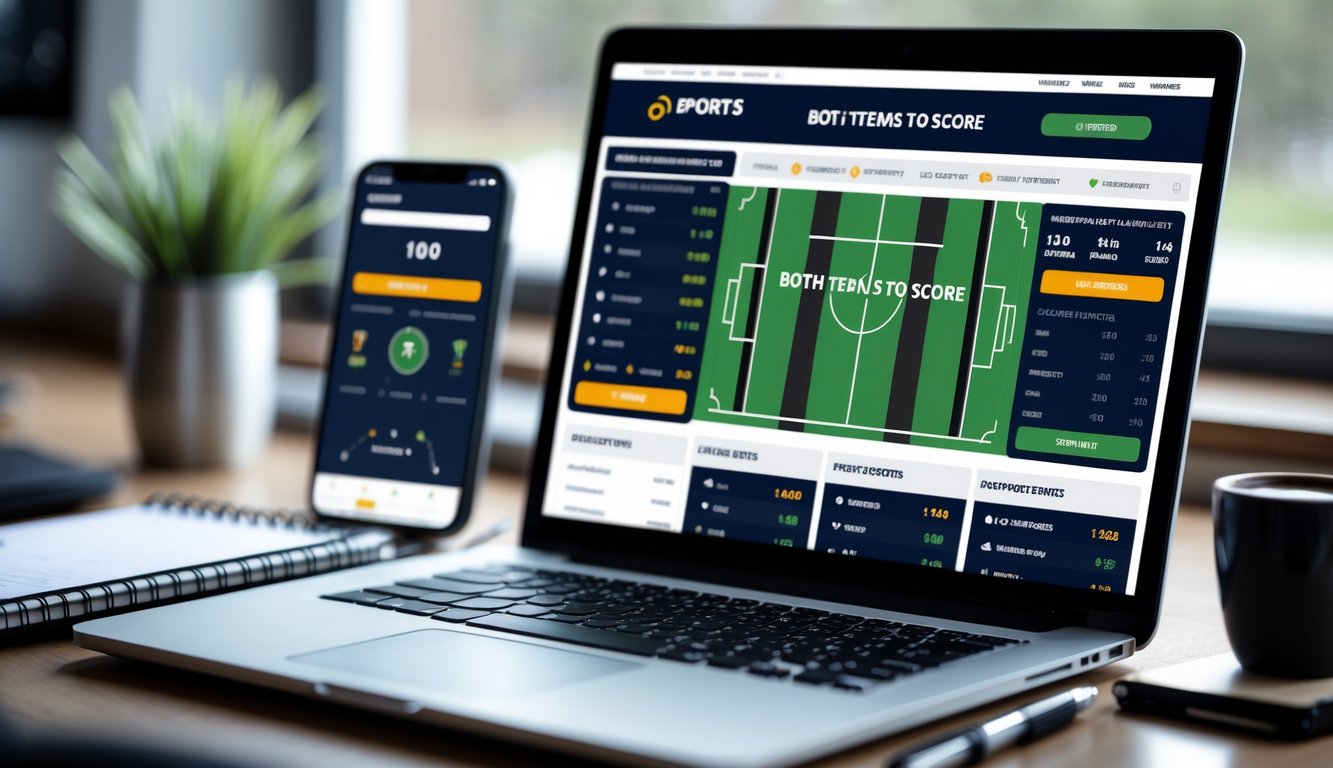 Seorang pria menggunakan laptop di meja kerja dengan tampilan situs taruhan bola online, dikelilingi oleh ponsel, kopi, dan alat tulis di ruang kerja yang nyaman.