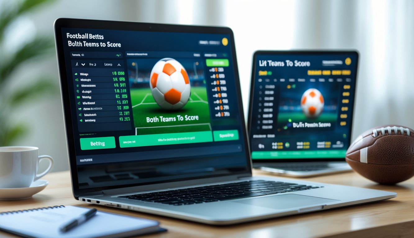Meja dengan laptop dan ponsel yang menampilkan statistik pertandingan sepak bola dan peluang taruhan, dengan bola sepak di sampingnya.