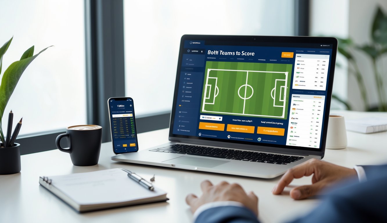 Seorang pengguna bekerja dengan laptop yang menampilkan situs taruhan sepak bola online, dikelilingi oleh ponsel, kopi, dan alat tulis di meja kerja.
