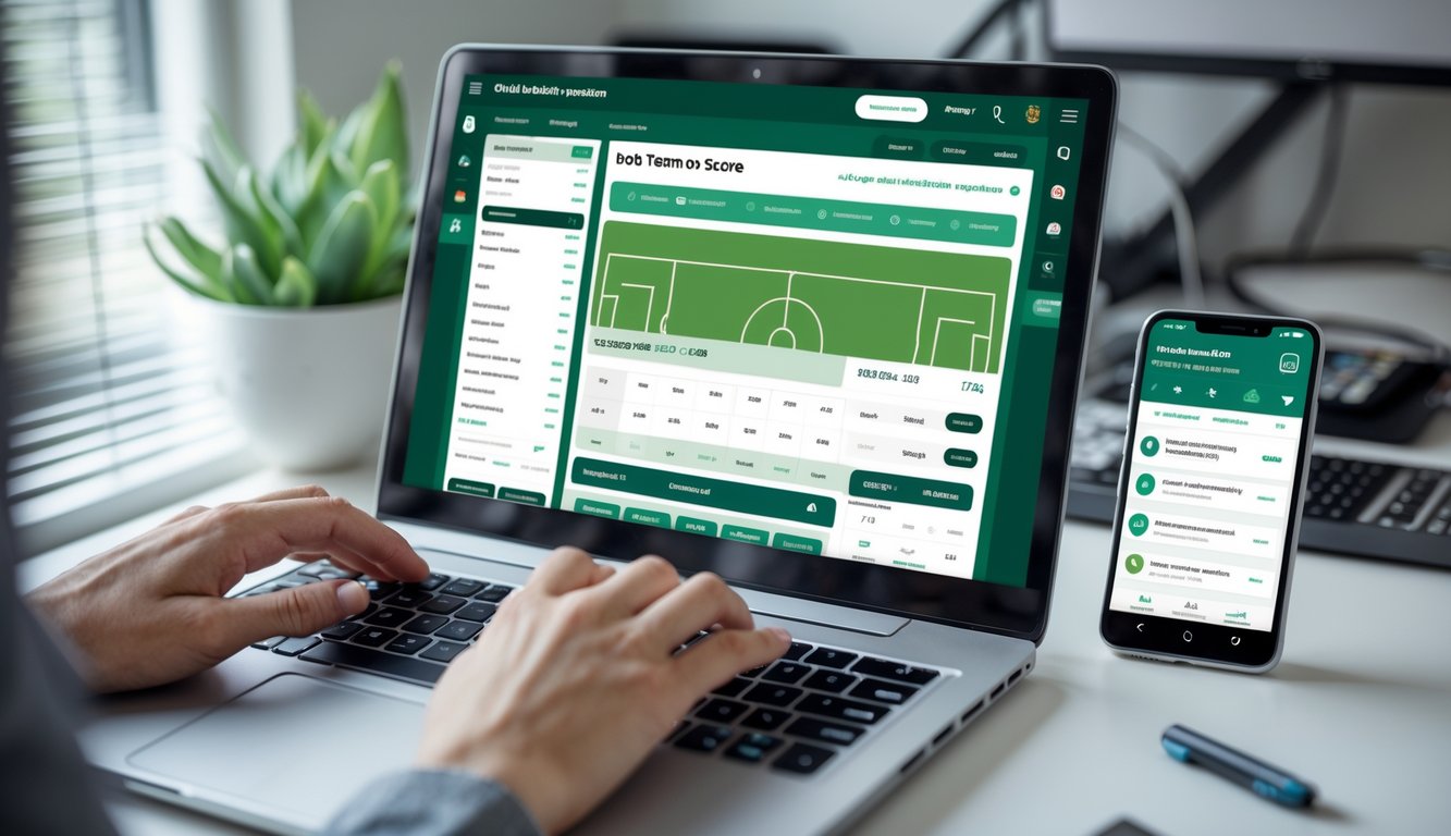 Seseorang menggunakan laptop di meja kerja dengan layar menampilkan platform taruhan sepak bola online, di samping ada ponsel yang menunjukkan notifikasi penarikan cepat.