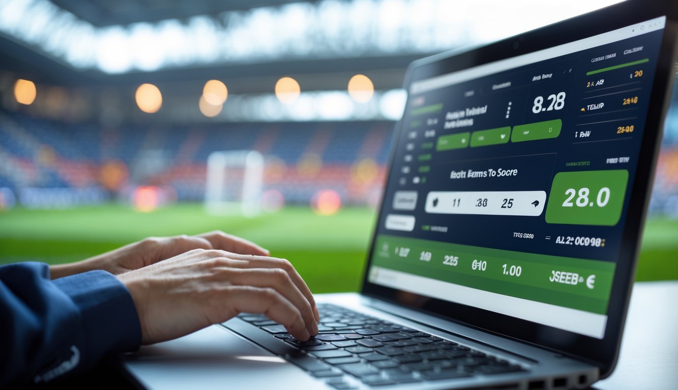 Seseorang menggunakan laptop dengan tampilan platform taruhan sepak bola online, menampilkan statistik dan peluang pertandingan tanpa teks.