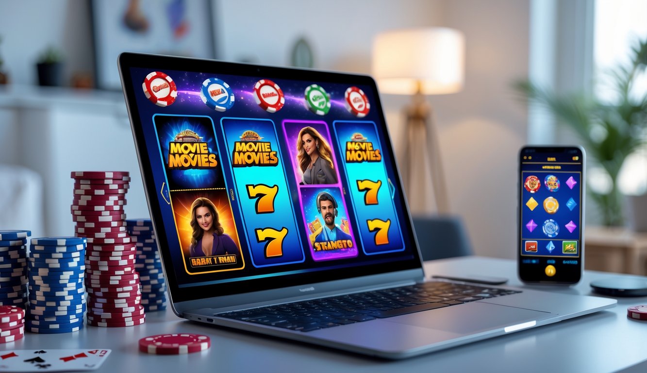 Seorang pengguna sedang bermain game slot bertema film di komputer dengan latar ruang kerja yang rapi dan perangkat tambahan seperti chip poker dan ponsel di meja.