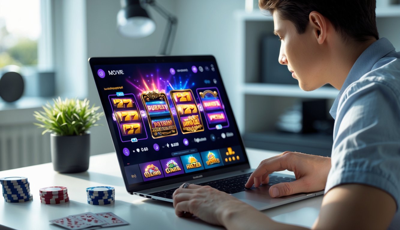 Seseorang menggunakan laptop dengan tampilan permainan slot bertema film di layar dalam ruangan kerja yang terang dan rapi.